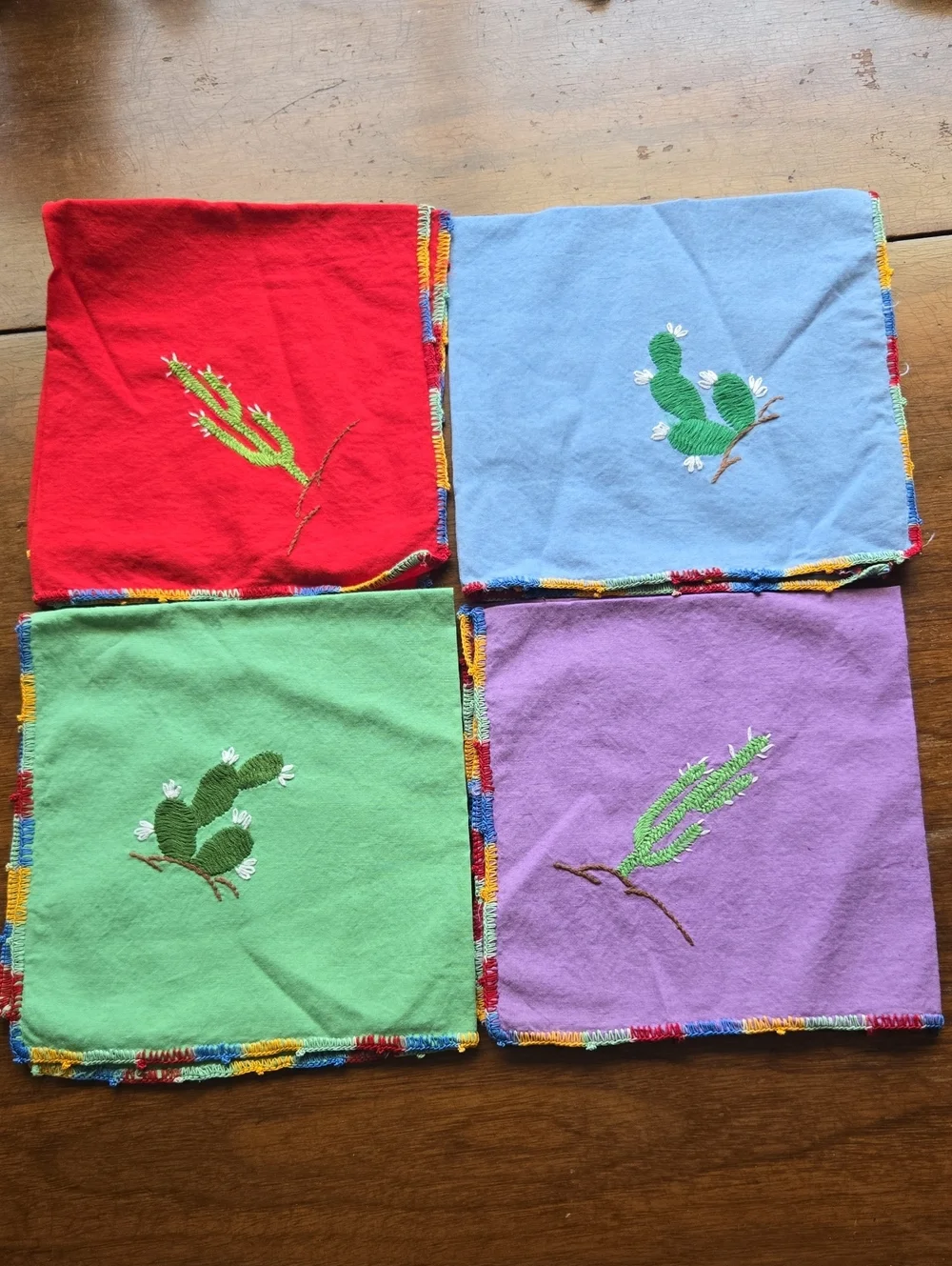 Hand-Embroidered Cactus Cocktail Napkins - Multicolor Set